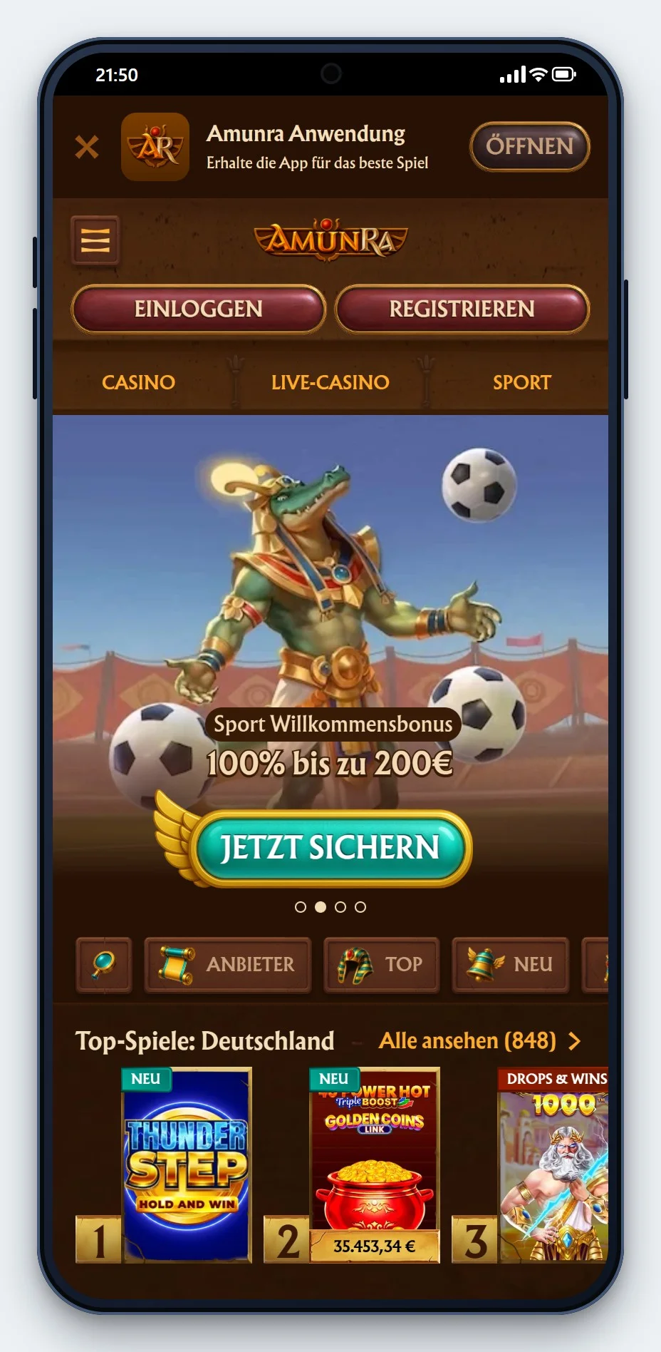 FunID Casino: AmunRa mobil, Lobby auf dem Smartphone