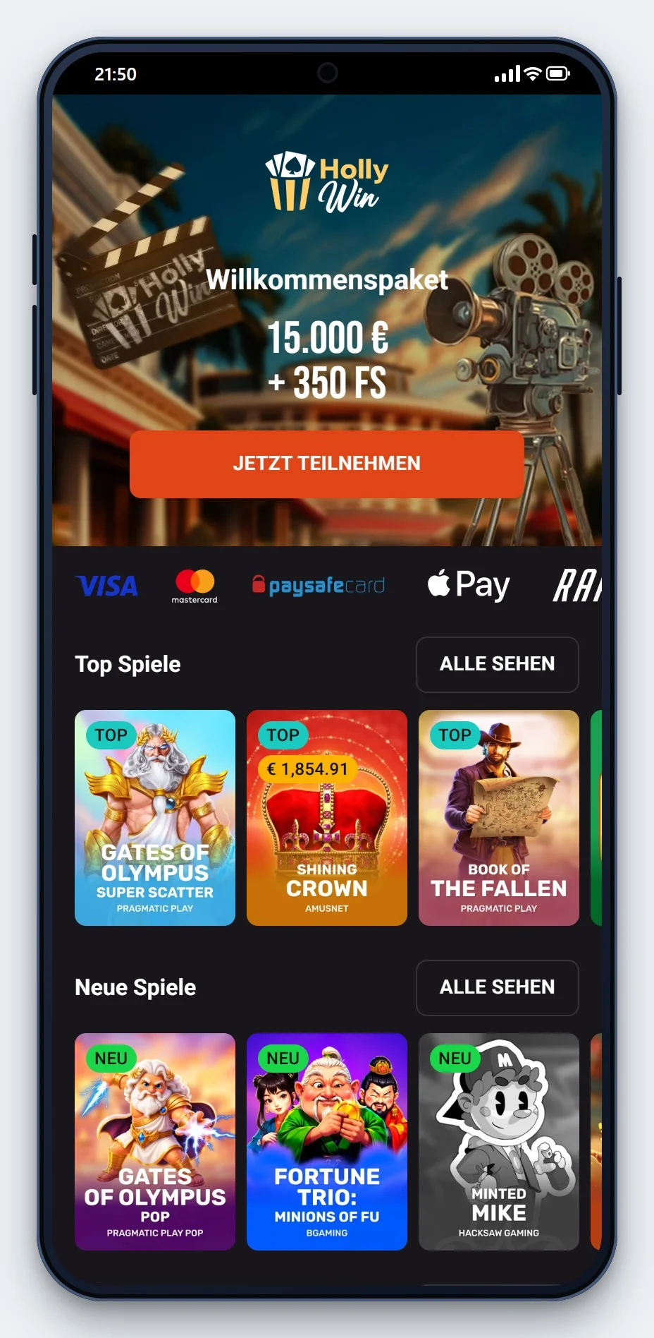 FunID Casinos online: Hollywin mobil, Lobby im Browser