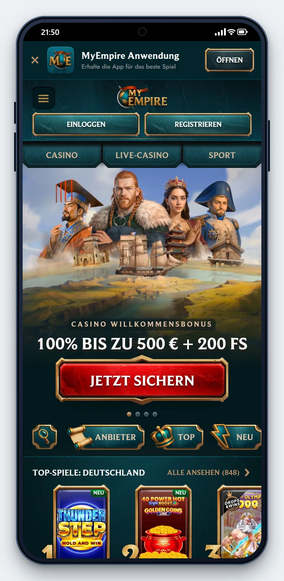 Casino mit FunID: MyEmpire mobil, Lobby mit Top-Spielen