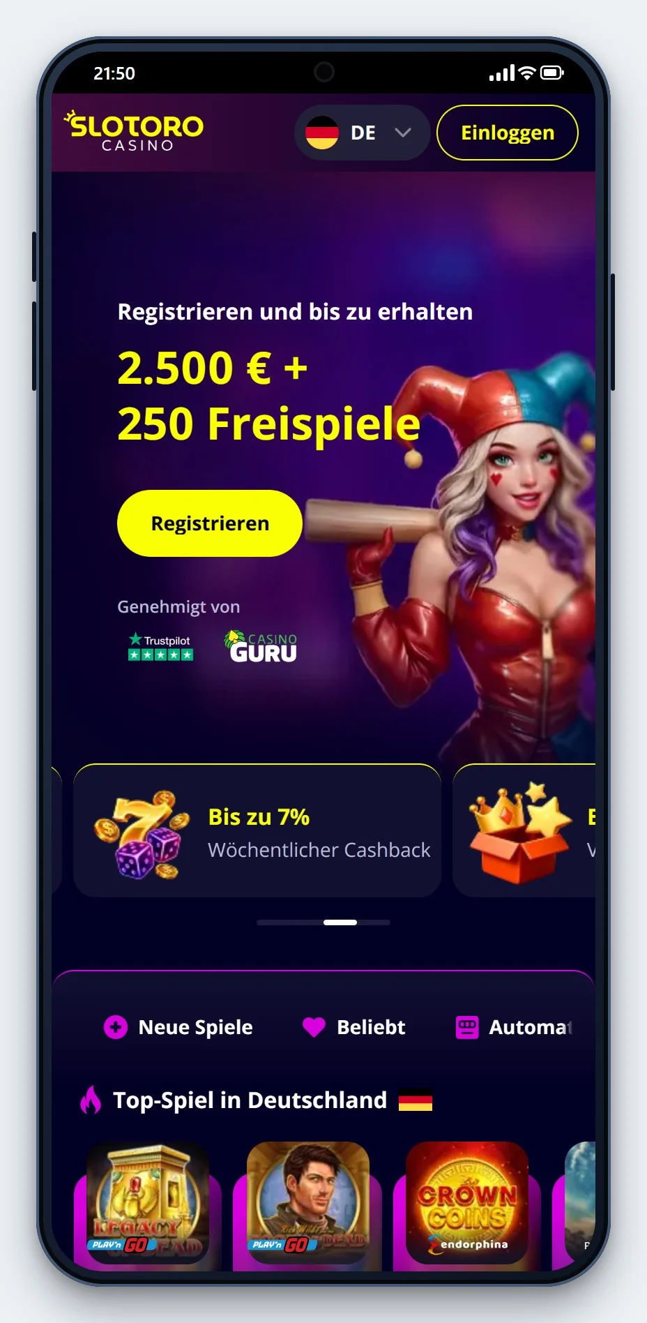 FunID Auszahlung: Slotoro mobil, Lobby im Browser